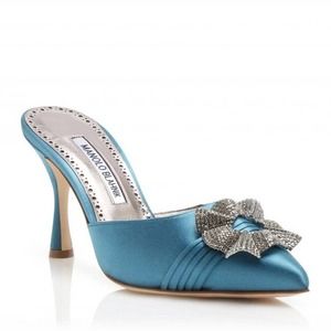 Manolo Blahnik Salvora 90 Crystal Embellished Teal Blue Satin Mules